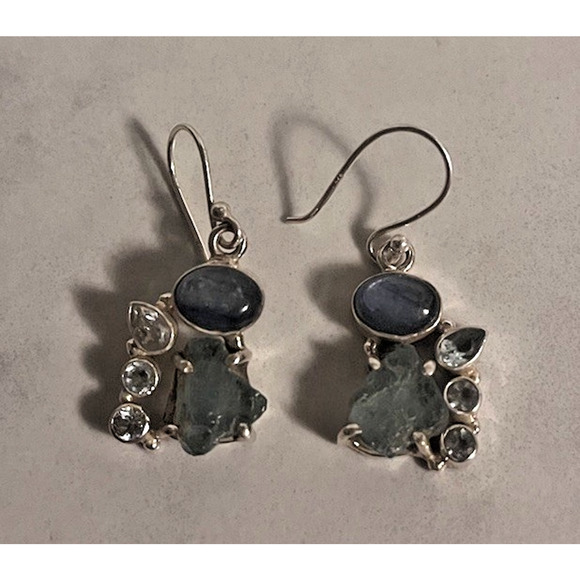 Sterling Silver 925 Earrings Rough Aquamarine Blue Topaz & Kyanite Hook Dangle - Picture 6 of 16